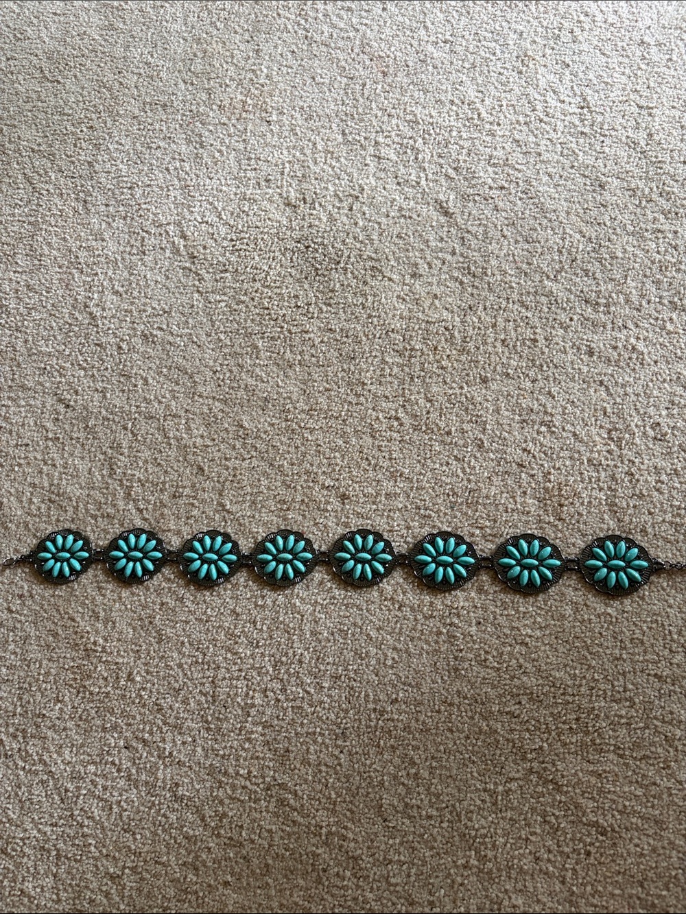 Turquoise Floral Concho Belt — Row of Teardrop Flower Medallions
